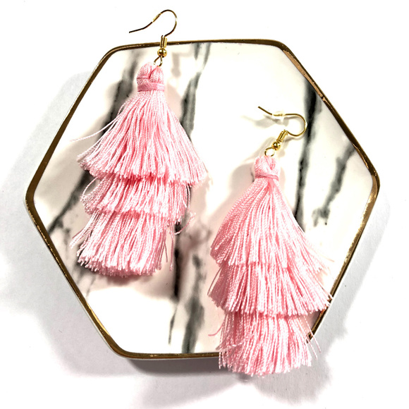 BubbleGum Pink Tassel FringeStatement Earrings - Picture 3 of 5